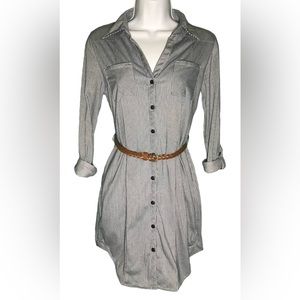 Passport Navy Blue White Pinstripe Button Up Collar Long Sleeve Dress Size Small